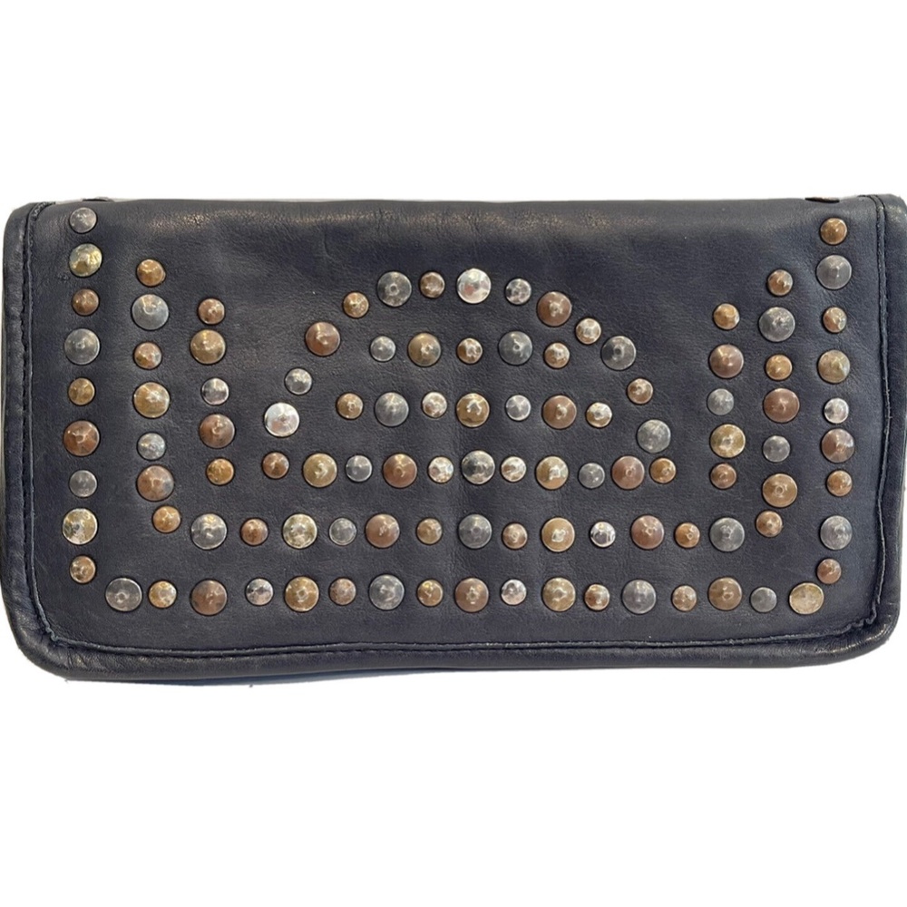 EC Viola Castellani Italy Studded Leather Zip Around Wallet/Wristlet NERO